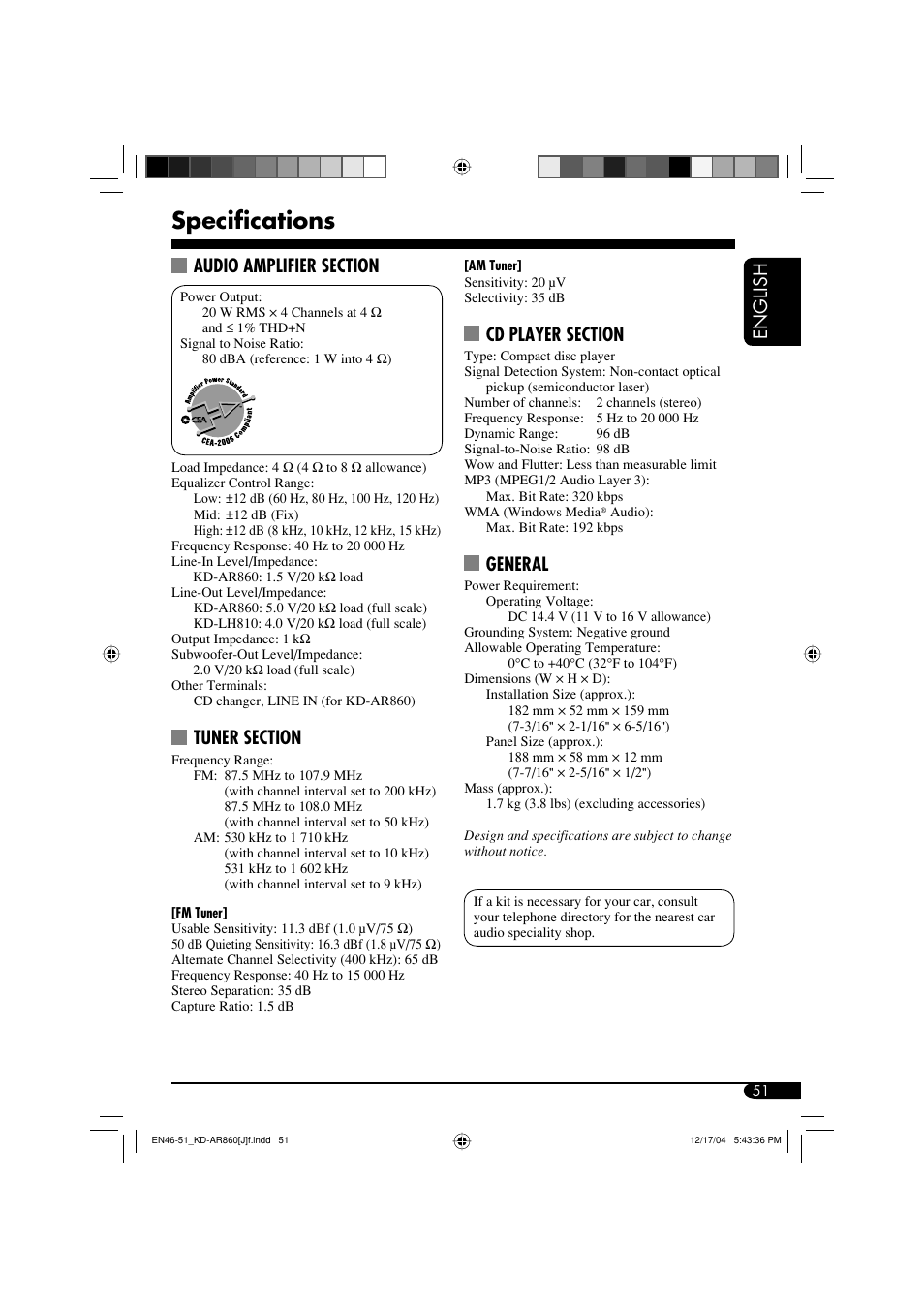 Specifications, English, General | JVC KD-AR860 User Manual | Page 51 / 56