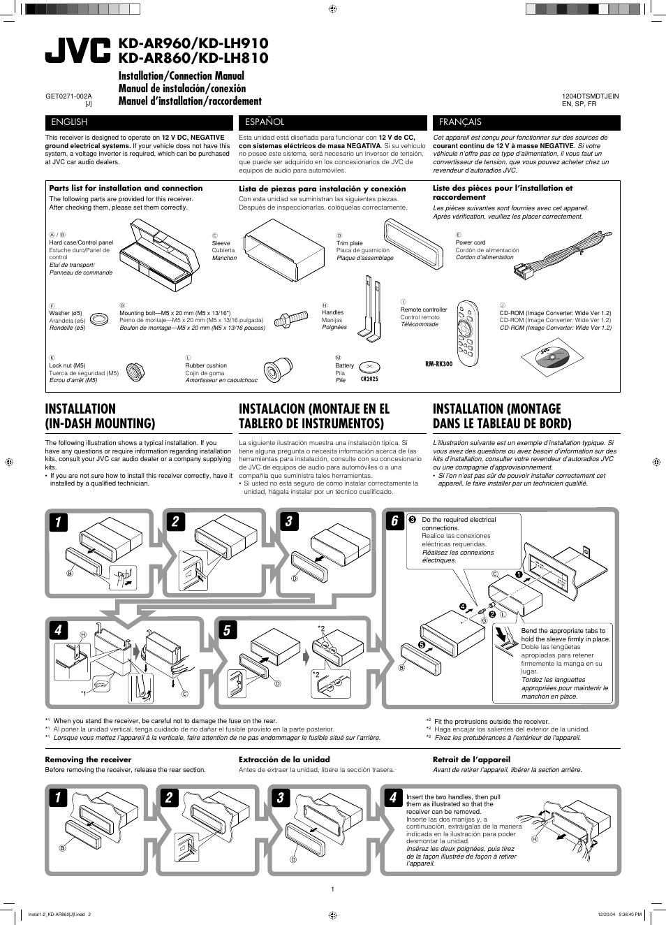 Installation/connection manual, Installation, Installation (in-dash mounting) | Installation (montage dans le tableau de bord), English, Español, Français | JVC KD-AR860 User Manual | Page 53 / 56