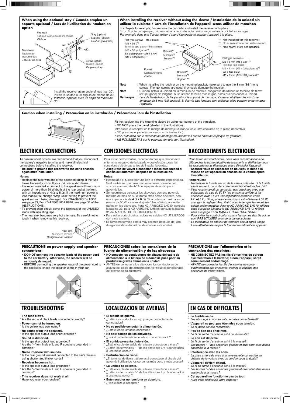 Electrical connections, Troubleshooting, Conexiones electricas | Localizacion de averias, Raccordements electriques, En cas de difficultes | JVC KD-AR860 User Manual | Page 54 / 56