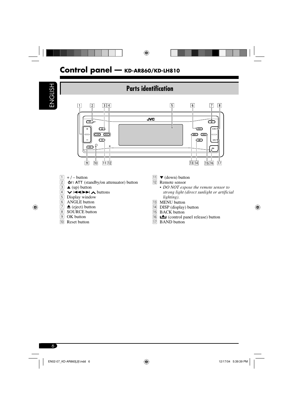 Control panel, Parts identification, English | JVC KD-AR860 User Manual | Page 6 / 56