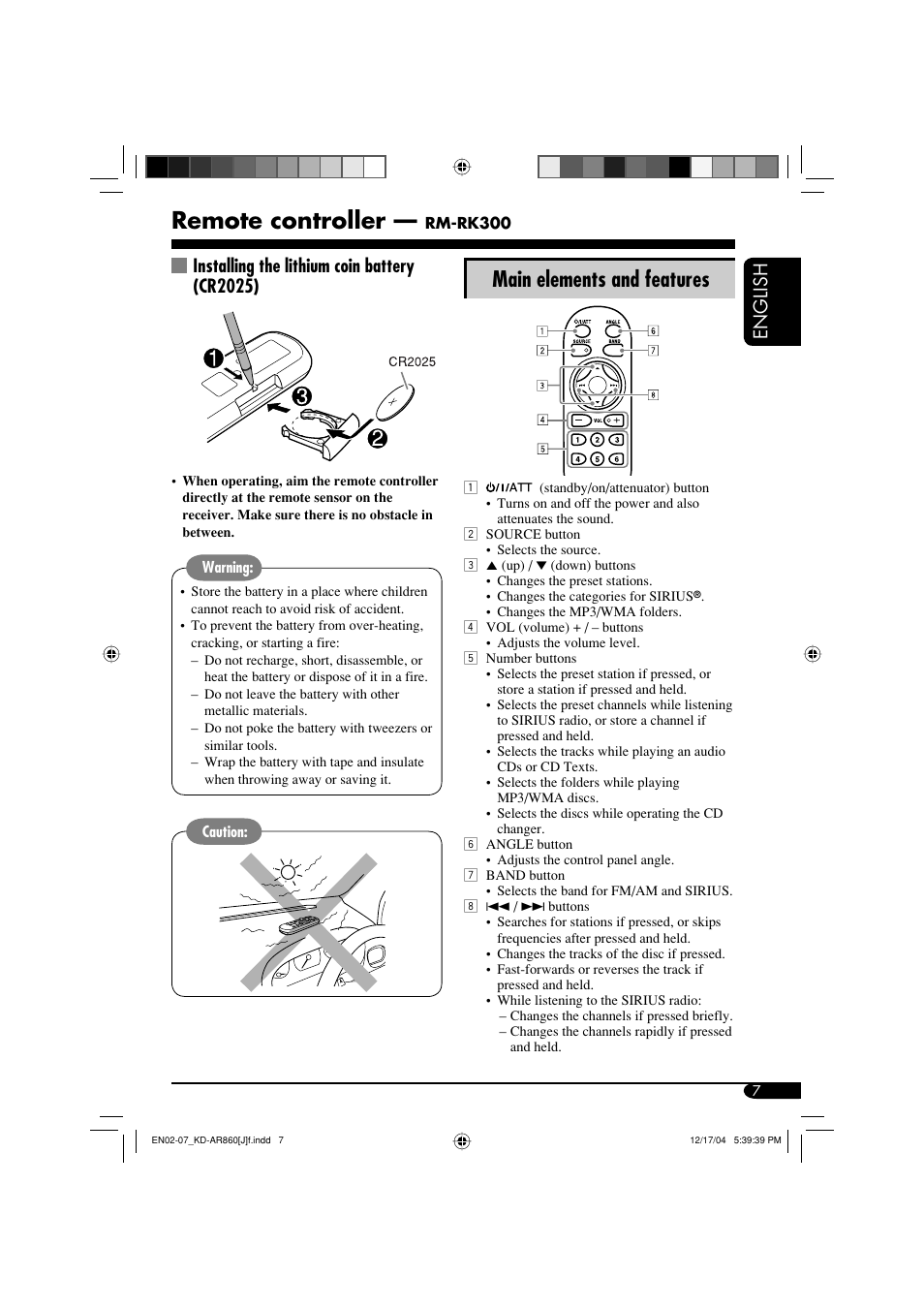 Remote controller, Main elements and features, English | Installing the lithium coin battery (cr2025) | JVC KD-AR860 User Manual | Page 7 / 56