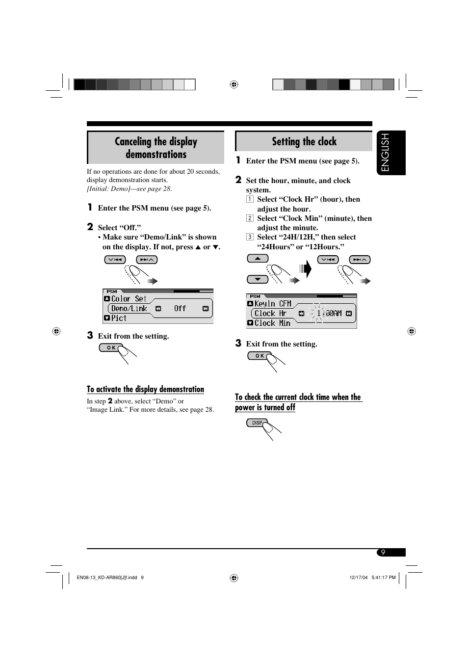 Setting the clock, Canceling the display demonstrations | JVC KD-AR860 User Manual | Page 9 / 56