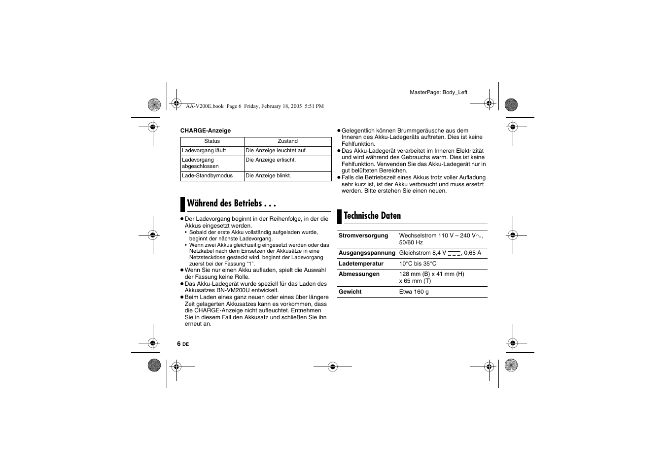 Während des betriebs, Technische daten, Während des betriebs . . . technische daten | JVC AA-V200E User Manual | Page 12 / 80