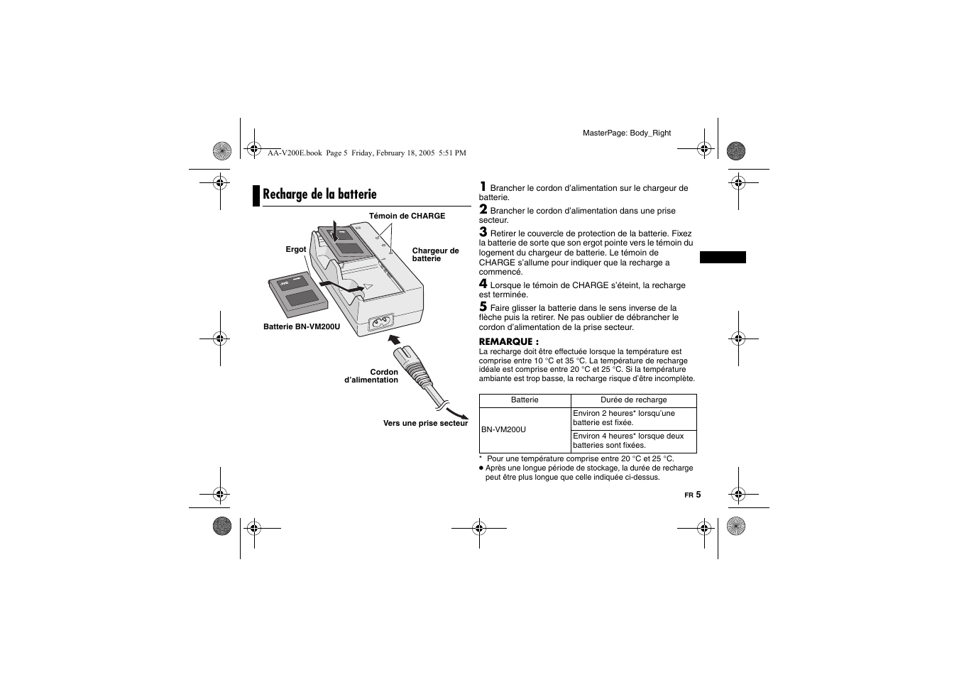 Recharge de la batterie | JVC AA-V200E User Manual | Page 16 / 80