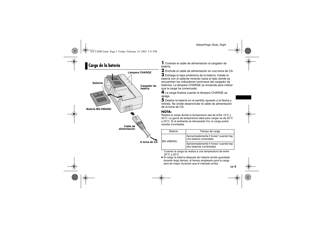 Carga de la batería | JVC AA-V200E User Manual | Page 26 / 80