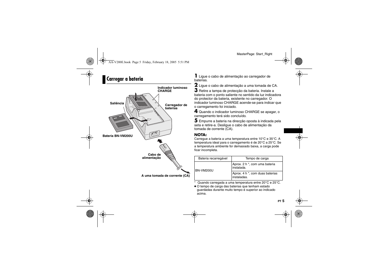 Carregar a bateria | JVC AA-V200E User Manual | Page 36 / 80