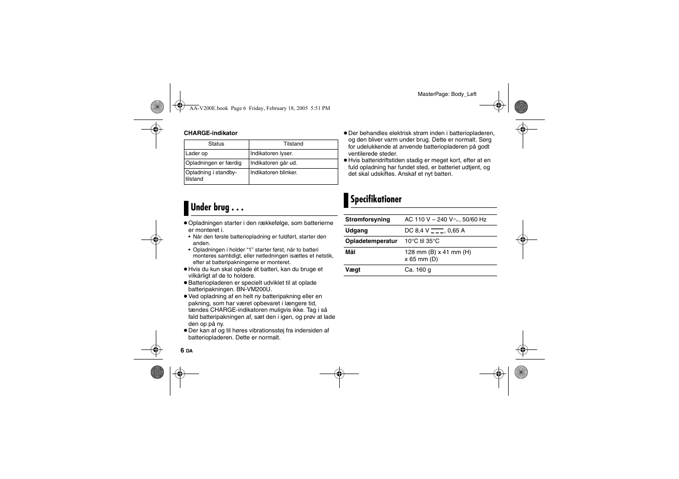 Under brug, Specifikationer, Under brug . . . specifikationer | JVC AA-V200E User Manual | Page 42 / 80