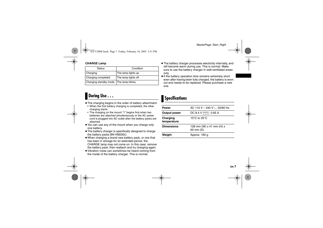 During use, Specifications, During use . . . specifications | JVC AA-V200E User Manual | Page 7 / 80