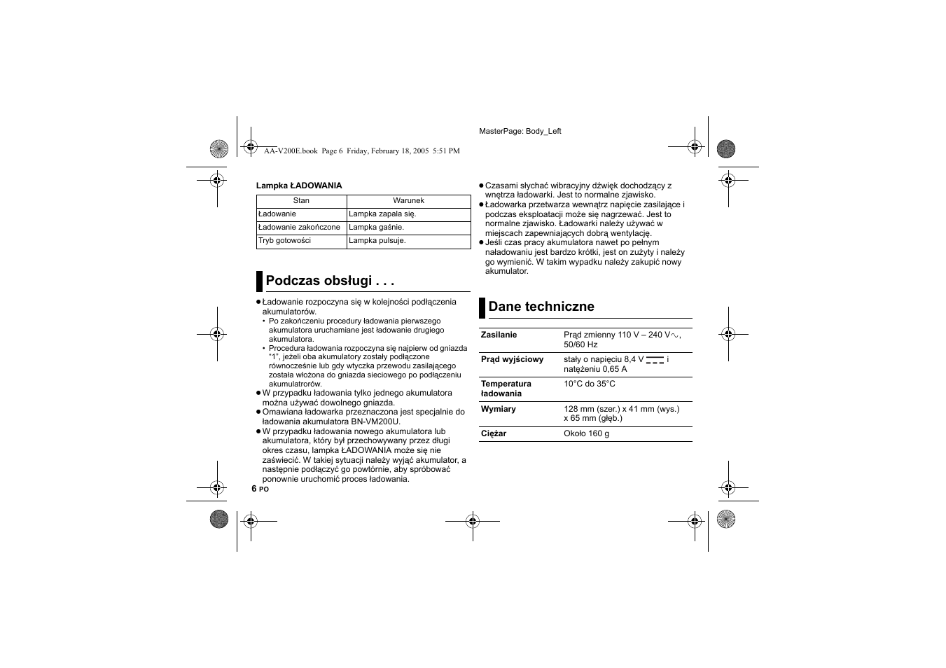 Podczas obs¸ugi, Dane techniczne, Podczas obsługi . . . dane techniczne | JVC AA-V200E User Manual | Page 72 / 80