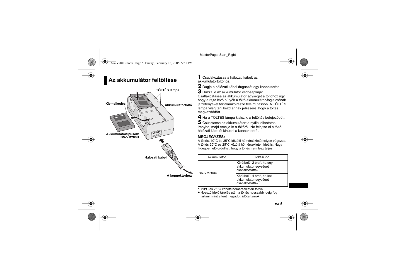 Az akkumulátor feltöltése | JVC AA-V200E User Manual | Page 76 / 80