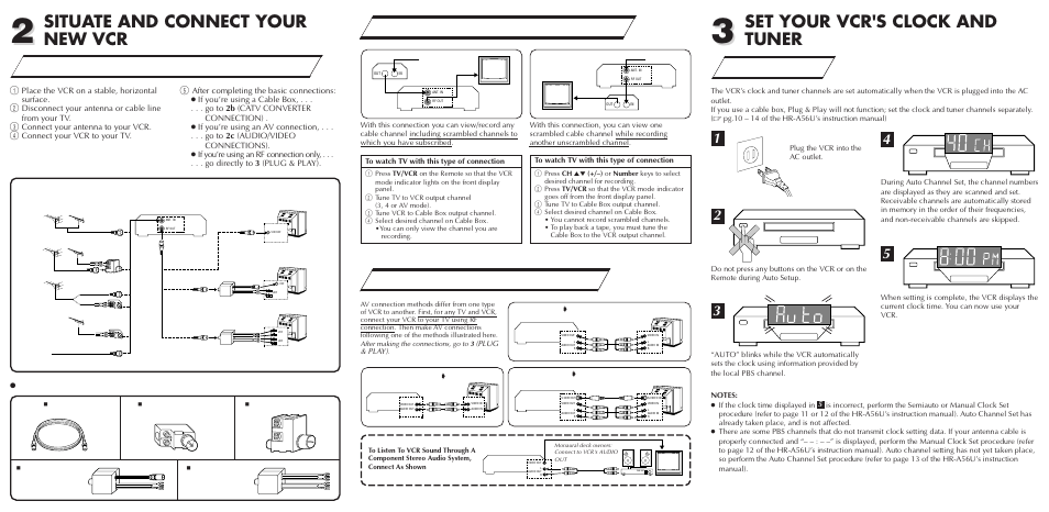 Situate and connect your new vcr, Set your vcr's clock and tuner, Plug & play | Connectors which are or may be required, Rf connection | JVC LP20878-001 User Manual | Page 2 / 2