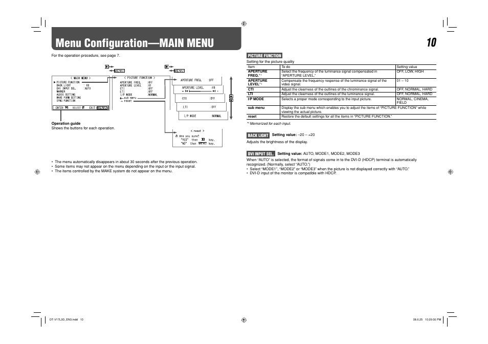 Menu configuration—main menu | JVC DT-V17L3D User Manual | Page 10 / 24