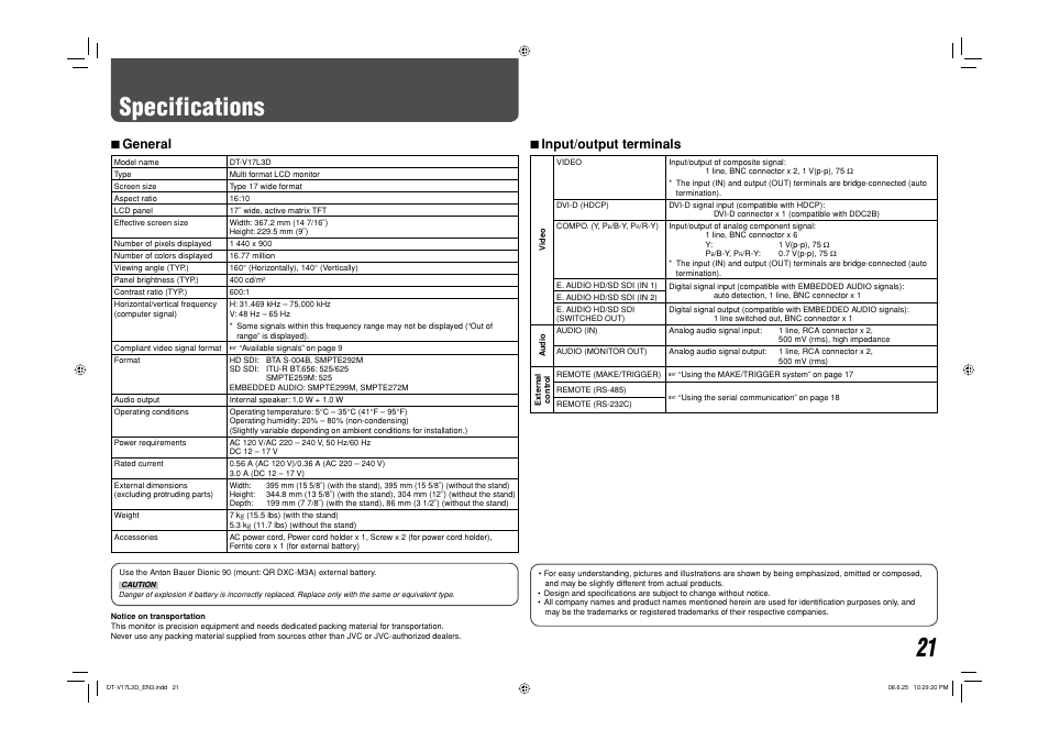Specifications, 7 general, 7 input/output terminals | JVC DT-V17L3D User Manual | Page 21 / 24
