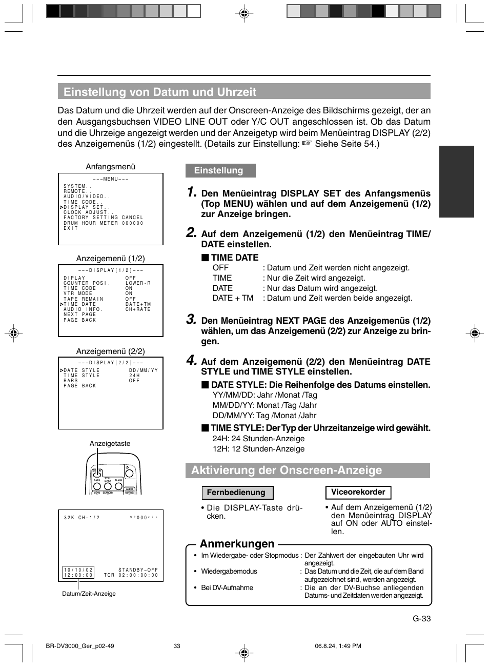 Einstellung von datum und uhrzeit, Aktivierung der onscreen-anzeige, Anmerkungen | Siehe seite 54.), Einstellung | JVC BR-DV600AE User Manual | Page 104 / 356