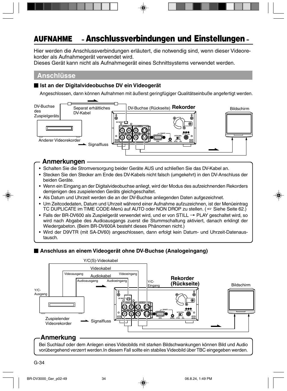 Aufnahme, Anschlussverbindungen und einstellungen, Anschlüsse | Anmerkungen, Anmerkung, Ist an der digitalvideobuchse dv ein videogerät, Rekorder, Rekorder (rückseite), G-34 | JVC BR-DV600AE User Manual | Page 105 / 356