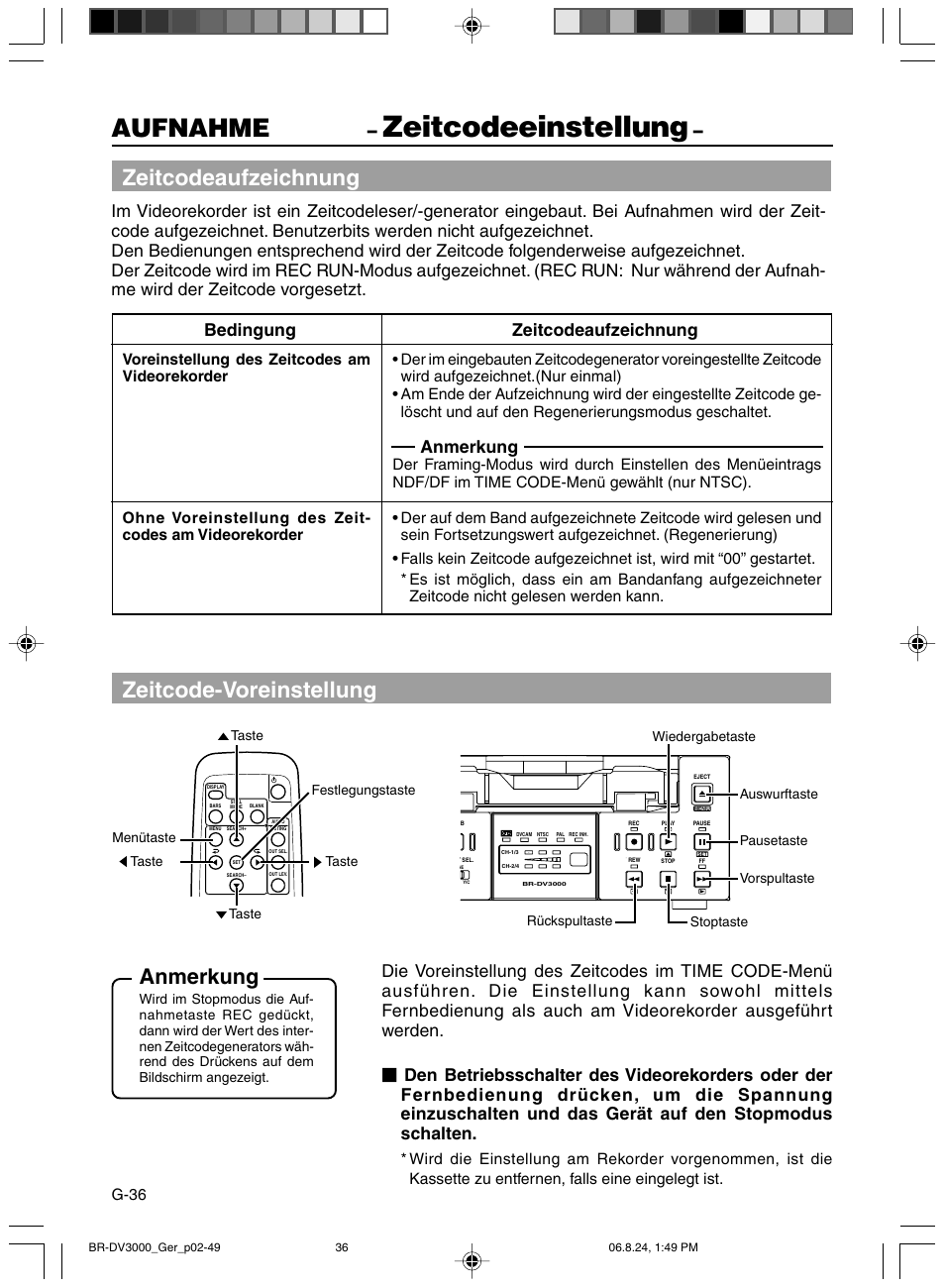 Zeitcodeeinstellung, Aufnahme, Zeitcodeaufzeichnung | Zeitcode-voreinstellung, Bedingung zeitcodeaufzeichnung, Anmerkung, G-36 | JVC BR-DV600AE User Manual | Page 107 / 356