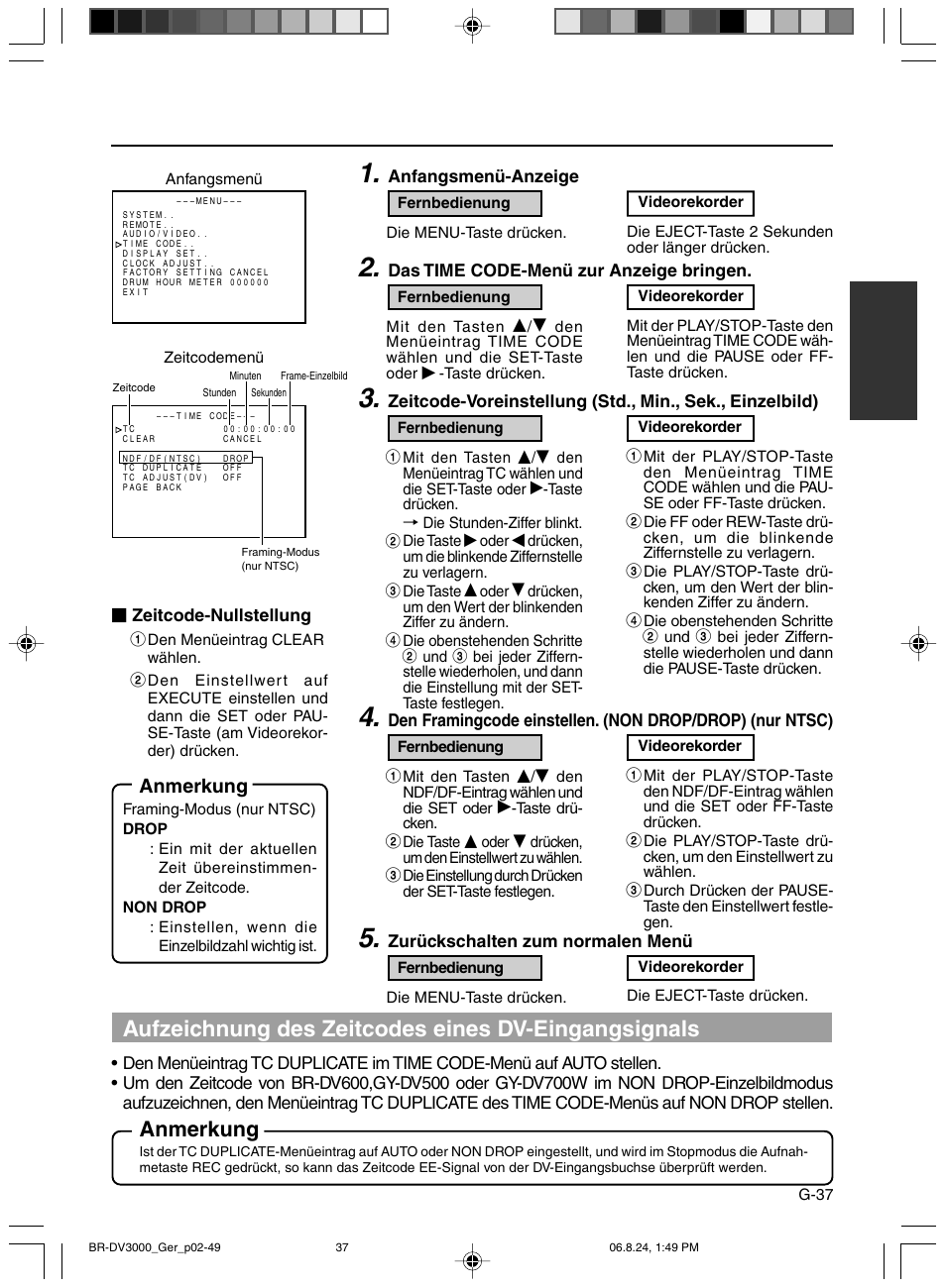 Aufzeichnung des zeitcodes eines dv-eingangsignals, Anmerkung | JVC BR-DV600AE User Manual | Page 108 / 356