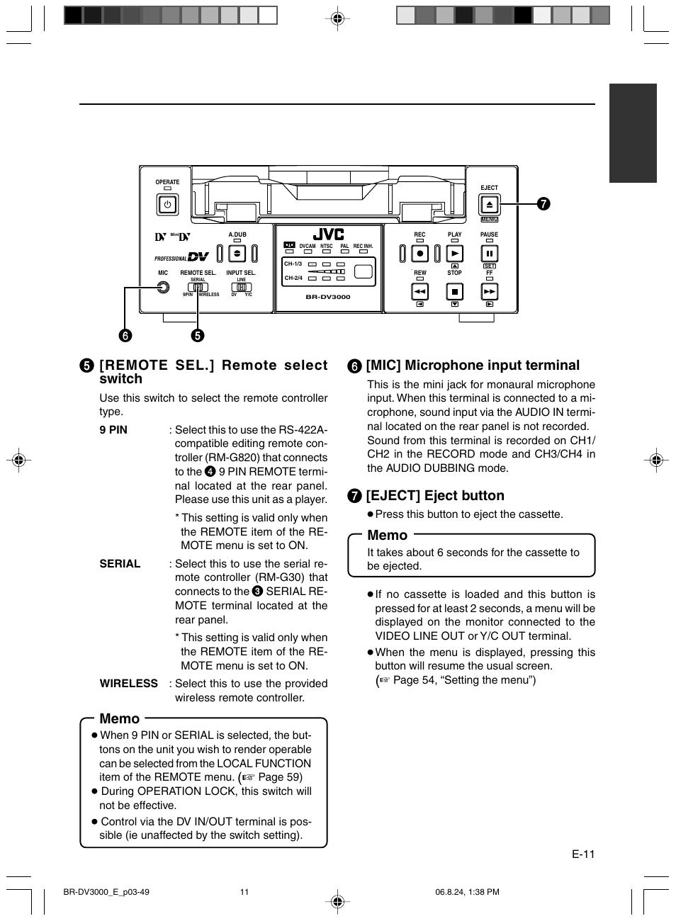 Remote sel.] remote select switch, Mic] microphone input terminal, Eject] eject button | JVC BR-DV600AE User Manual | Page 11 / 356