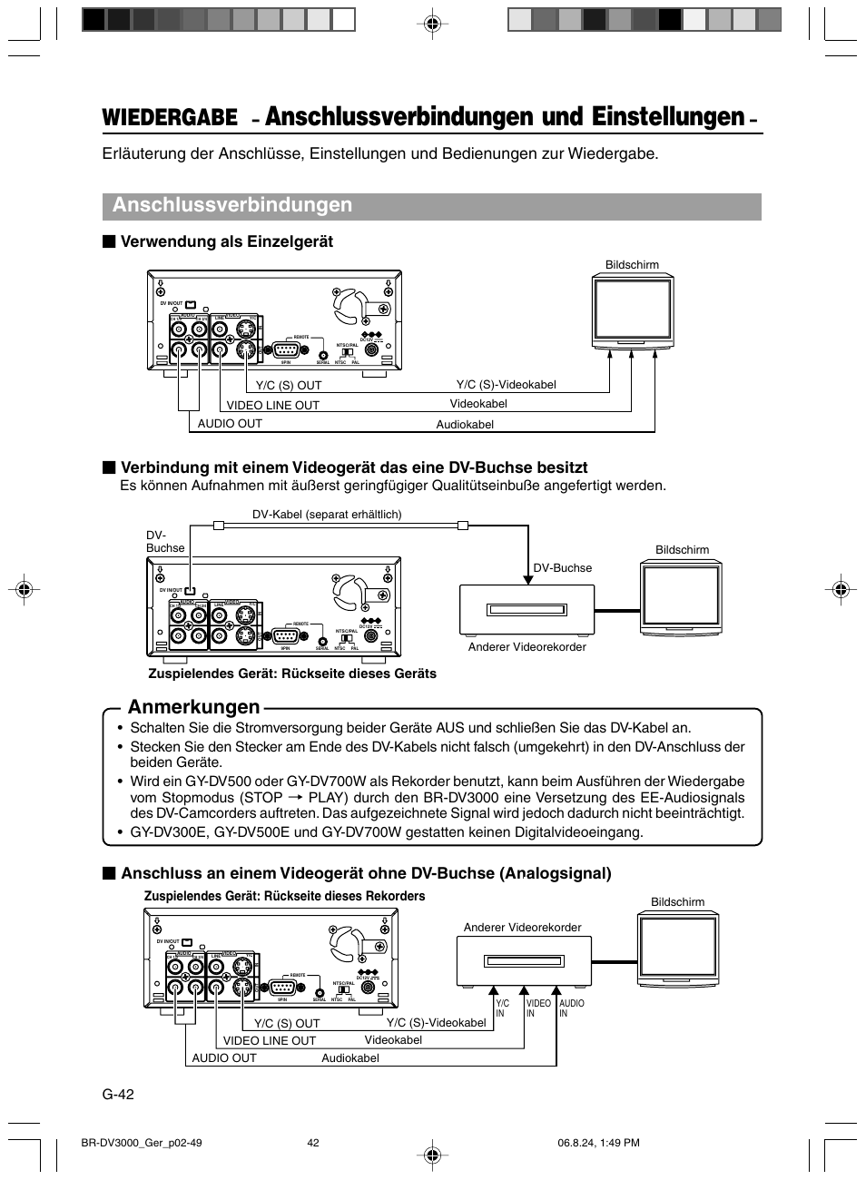 Wiedergabe, Anschlussverbindungen und einstellungen, Anschlussverbindungen | Anmerkungen, Verwendung als einzelgerät, G-42, Zuspielendes gerät: rückseite dieses geräts, Zuspielendes gerät: rückseite dieses rekorders | JVC BR-DV600AE User Manual | Page 113 / 356