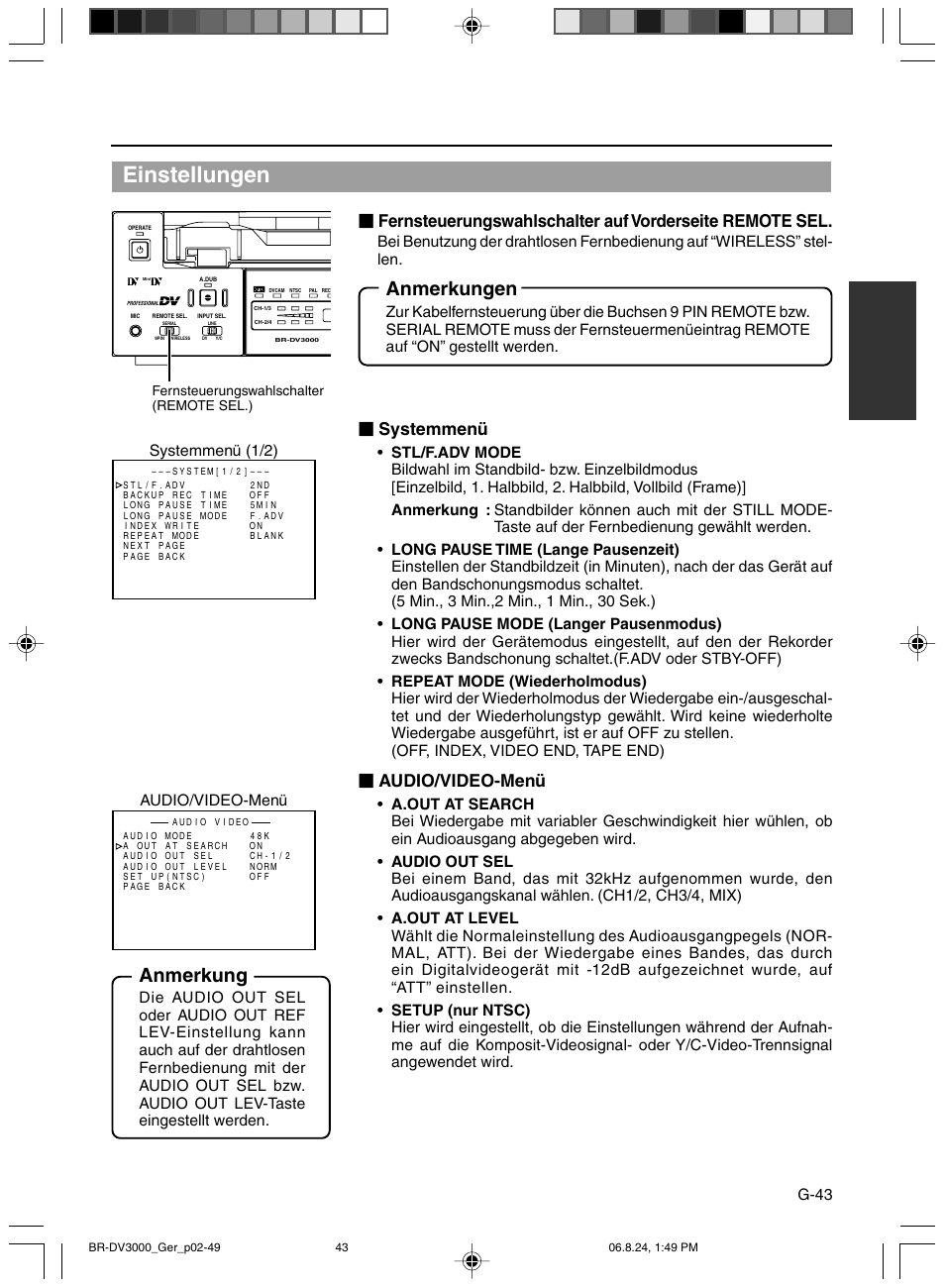 Einstellungen, Anmerkungen, Anmerkung | Systemmenü, Audio/video-menü, G-43, Systemmenü (1/2) audio/video-menü | JVC BR-DV600AE User Manual | Page 114 / 356