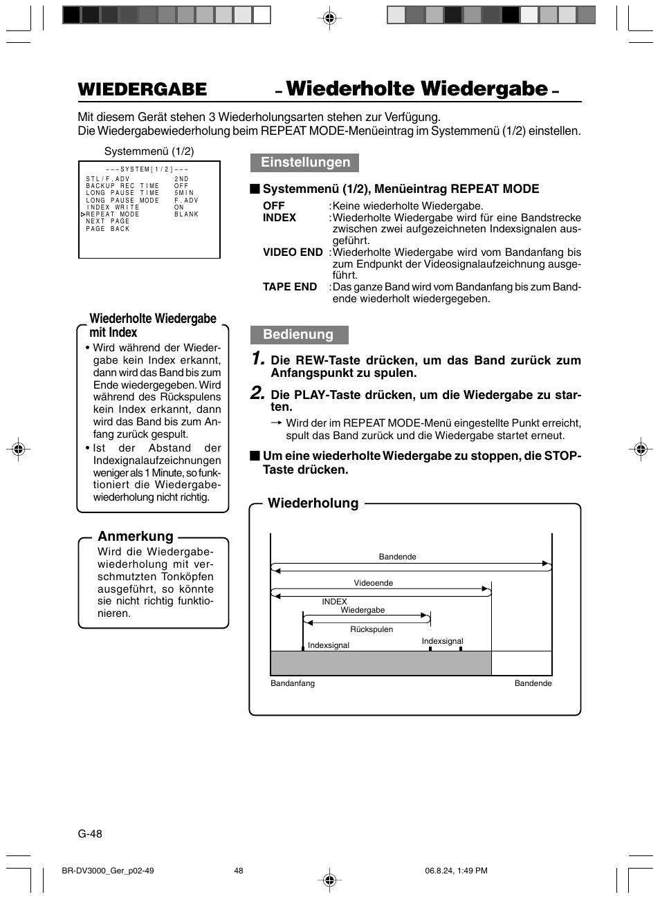 Wiederholte wiedergabe, Wiedergabe, Einstellungen | Bedienung, Wiederholung wiederholte wiedergabe mit index, Anmerkung | JVC BR-DV600AE User Manual | Page 119 / 356