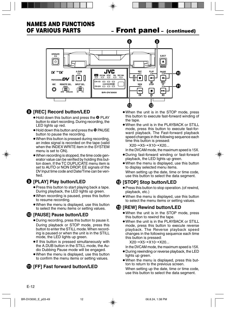 Front panel, Names and functions of various parts, Continued) | Rec] record button/led, Play] play button/led, Pause] pause button/led, Ff] fast forward button/led, Stop] stop button/led, Rew] rewind button/led | JVC BR-DV600AE User Manual | Page 12 / 356