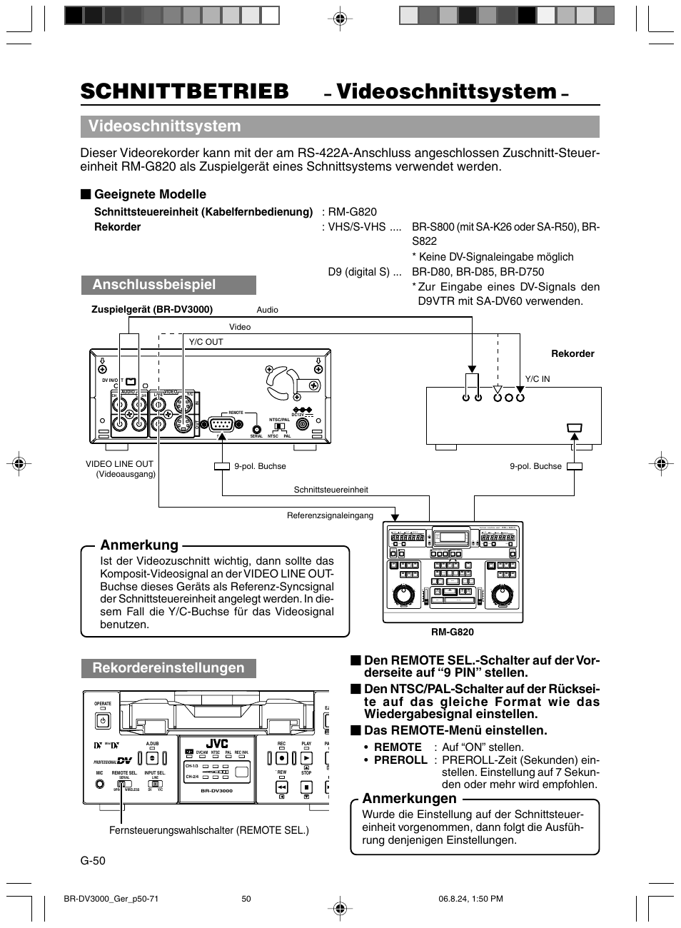 Schnittbetrieb, Videoschnittsystem, Anschlussbeispiel | Anmerkung, Rekordereinstellungen, Anmerkungen | JVC BR-DV600AE User Manual | Page 121 / 356