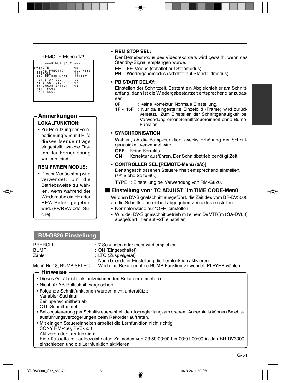 Anmerkungen, Hinweise, Rm-g826 einstellung | Einstellung von “tc adjust” im time code-menü | JVC BR-DV600AE User Manual | Page 122 / 356