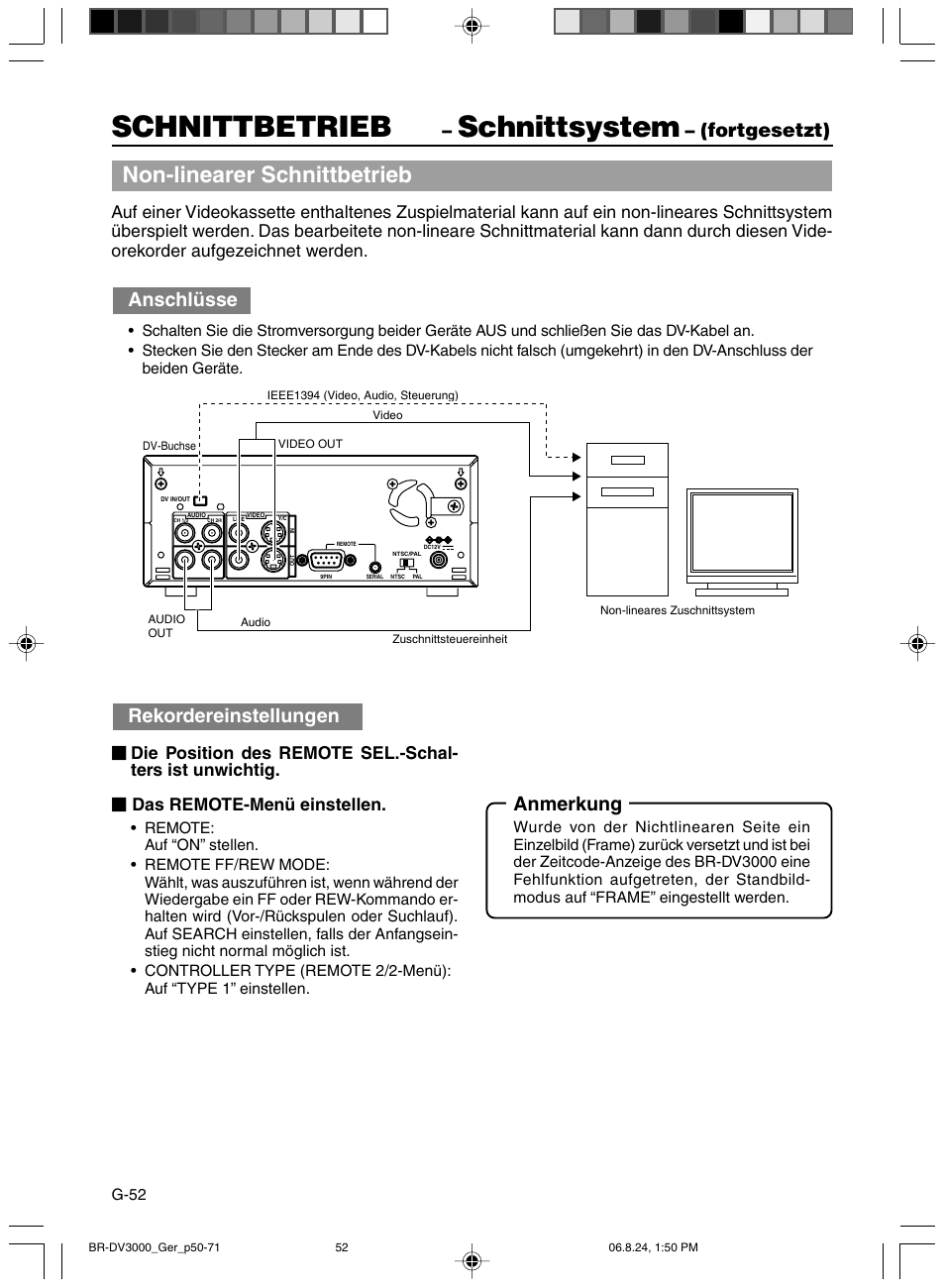 Schnittbetrieb, Schnittsystem, Non-linearer schnittbetrieb | Fortgesetzt) anschlüsse, Rekordereinstellungen, Anmerkung | JVC BR-DV600AE User Manual | Page 123 / 356