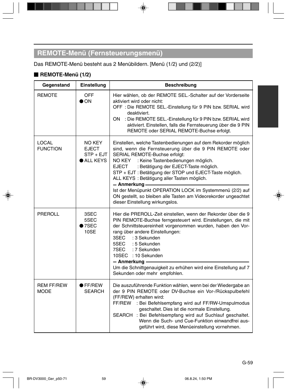 Remote-menü (fernsteuerungsmenü) | JVC BR-DV600AE User Manual | Page 130 / 356