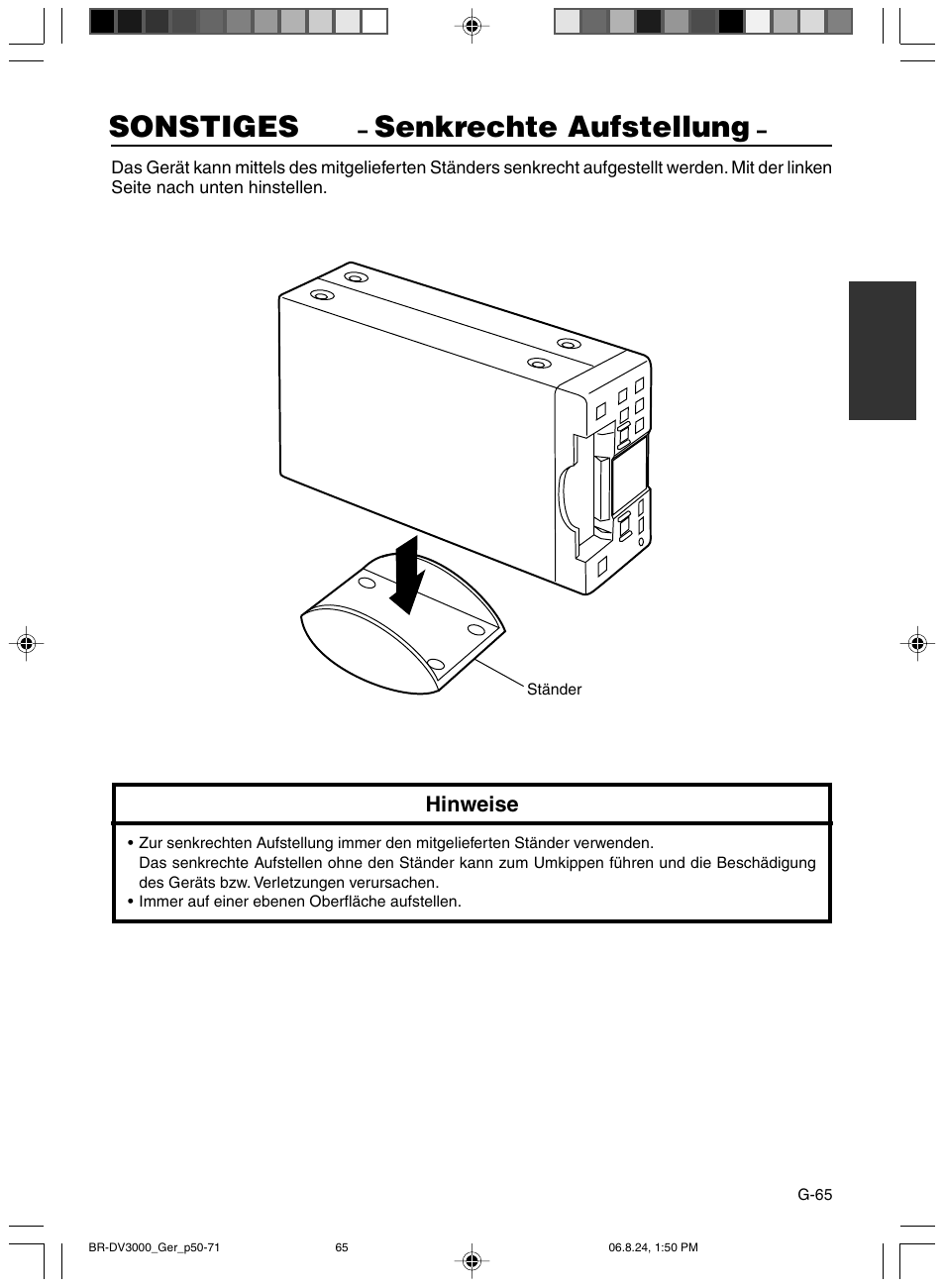 Sonstiges, Senkrechte aufstellung, Hinweise | JVC BR-DV600AE User Manual | Page 136 / 356