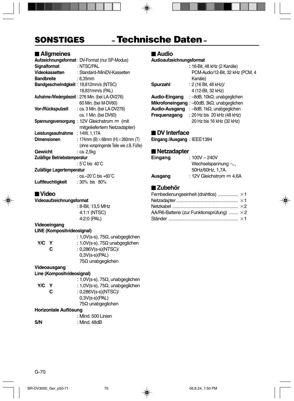 Technische daten, Sonstiges | JVC BR-DV600AE User Manual | Page 141 / 356