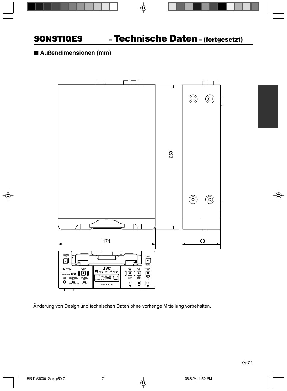 Technische daten, Sonstiges, Fortgesetzt) | Außendimensionen (mm), G-71 | JVC BR-DV600AE User Manual | Page 142 / 356