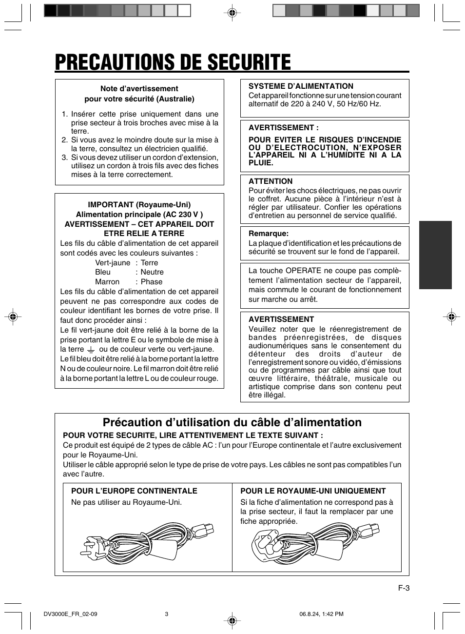 Precautions de securite, Précaution d’utilisation du câble d’alimentation | JVC BR-DV600AE User Manual | Page 145 / 356