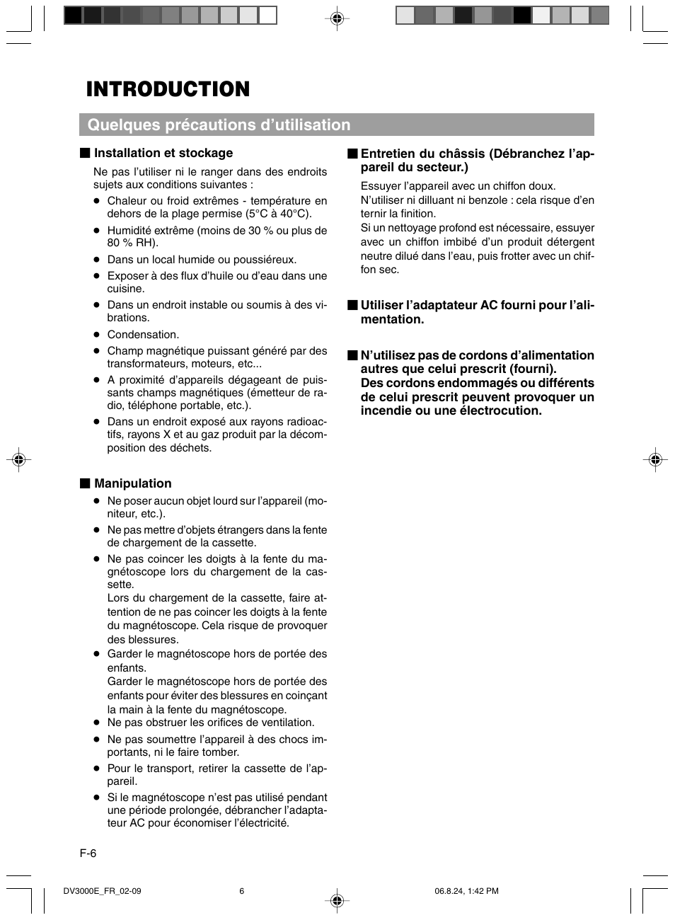 Introduction, Quelques precautions d’utilisation, Quelques précautions d’utilisation | JVC BR-DV600AE User Manual | Page 148 / 356