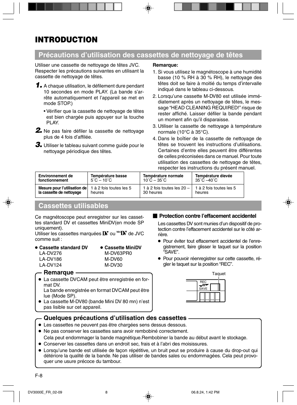 Cassettes utilisables, Introduction, Remarque | Quelques précautions d’utilisation des cassettes | JVC BR-DV600AE User Manual | Page 150 / 356