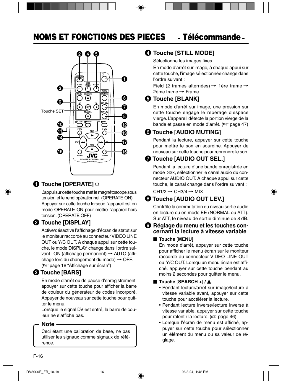 Telecommande, Noms et fonctions des pieces, Télécommande | Touche [operate] f, Touche [display, Touche [bars, Touche [still mode, Touche [blank, Touche [audio muting, Touche [audio out sel | JVC BR-DV600AE User Manual | Page 158 / 356