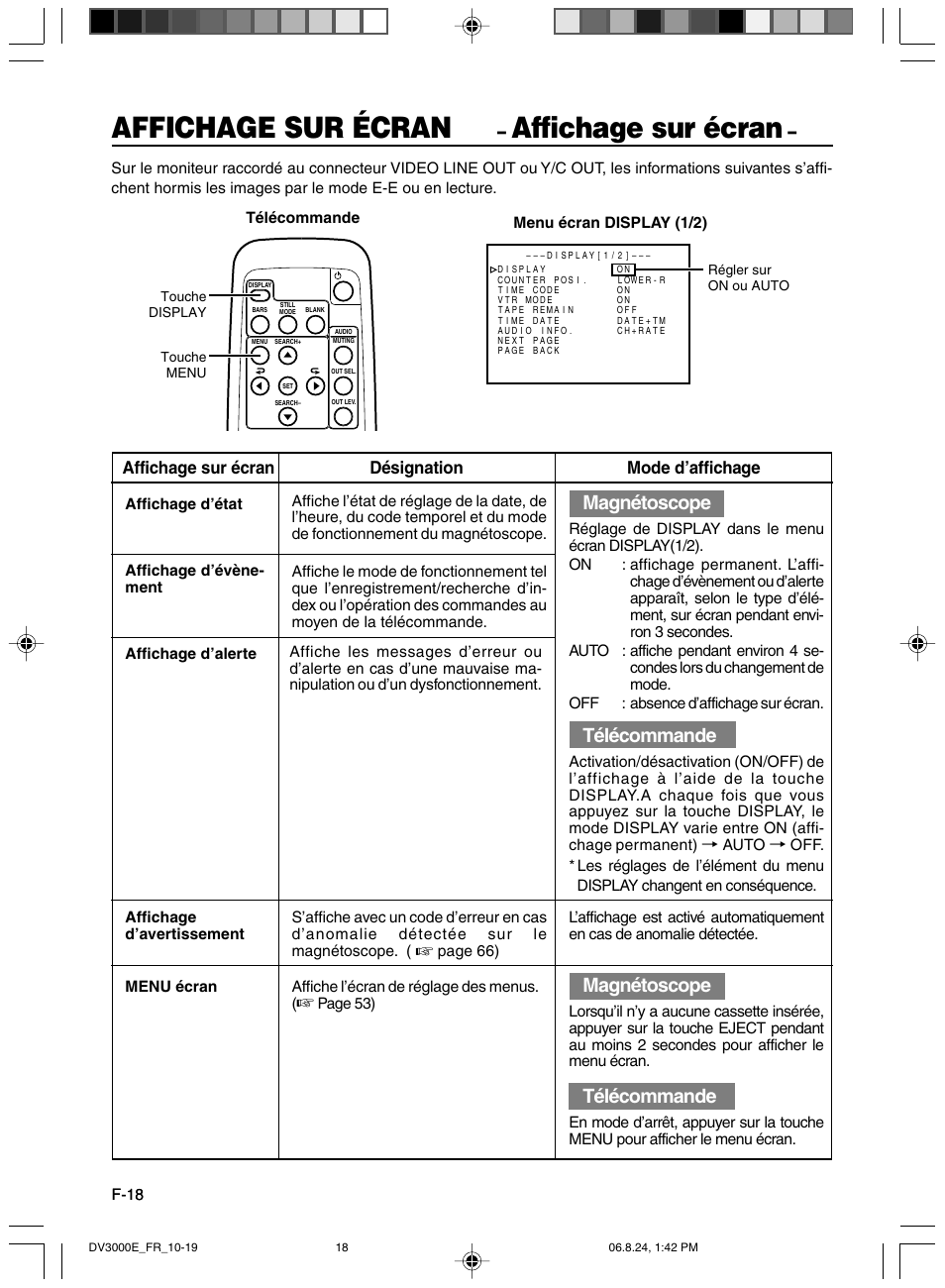 Affichage sur ecran, Affichage sur écran, Magnétoscope | Télécommande, Affichage sur écran désignation mode d’affichage | JVC BR-DV600AE User Manual | Page 160 / 356