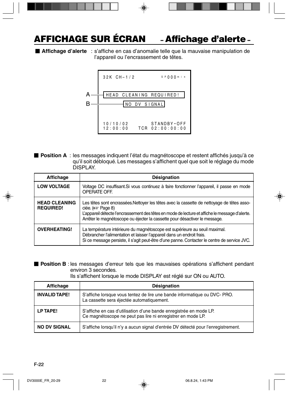 Affichage d’alerte, Affichage sur écran | JVC BR-DV600AE User Manual | Page 164 / 356
