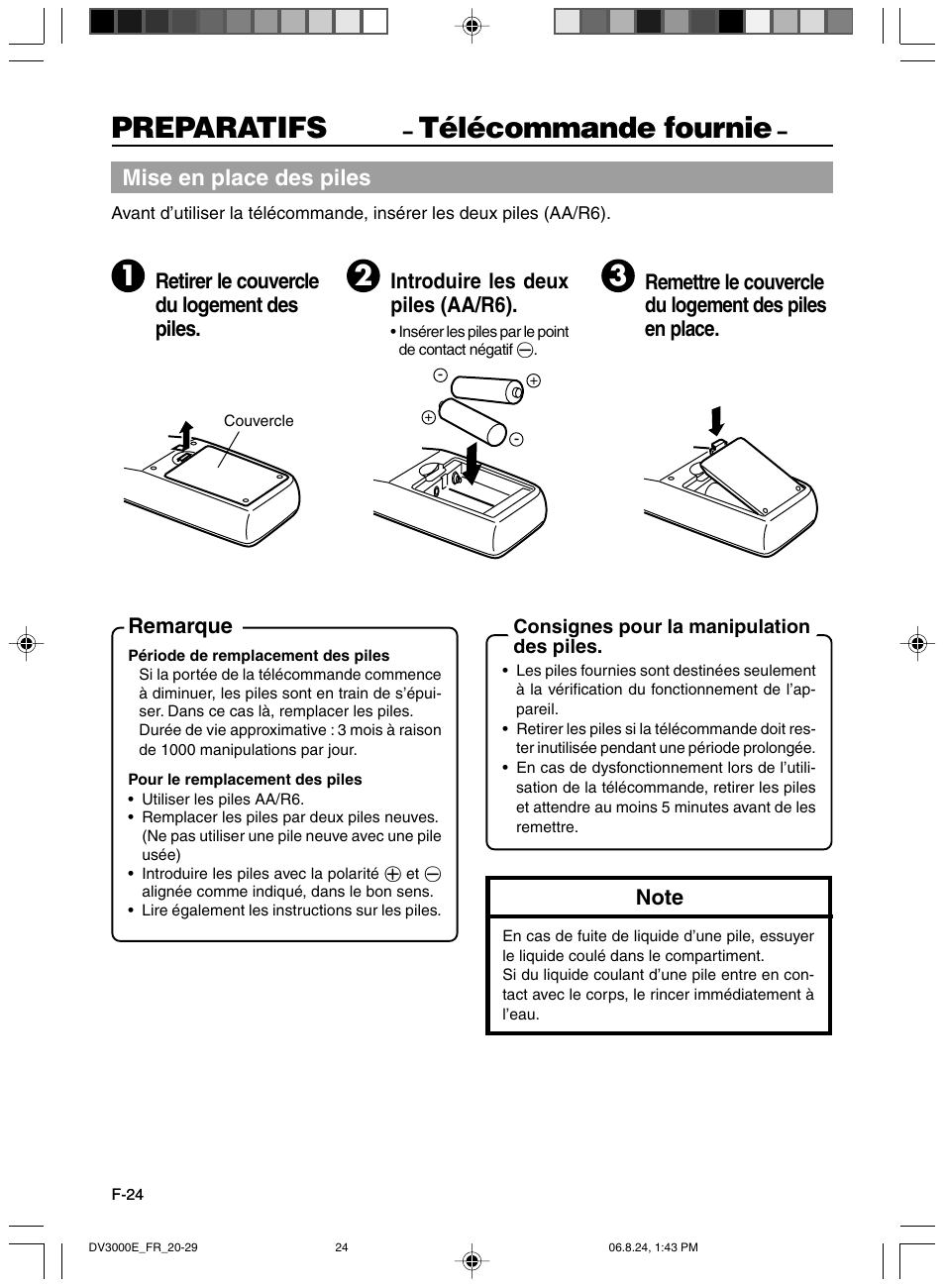 Preparatifs, Telecommande fournie, Télécommande fournie | Mise en place des piles, Retirer le couvercle du logement des piles, Introduire les deux piles (aa/r6), Remarque | JVC BR-DV600AE User Manual | Page 166 / 356