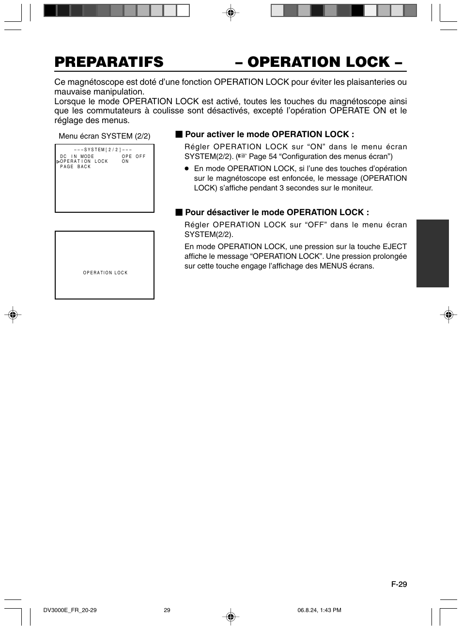 Operation lock, Preparatifs – operation lock, Pour activer le mode operation lock | Pour désactiver le mode operation lock | JVC BR-DV600AE User Manual | Page 171 / 356