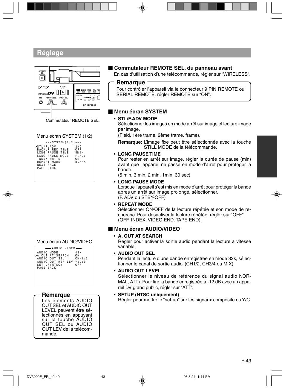 Réglage, Remarque, Commutateur remote sel. du panneau avant | Menu écran system, Menu écran audio/video, F-43, Menu écran system (1/2) menu écran audio/video | JVC BR-DV600AE User Manual | Page 185 / 356