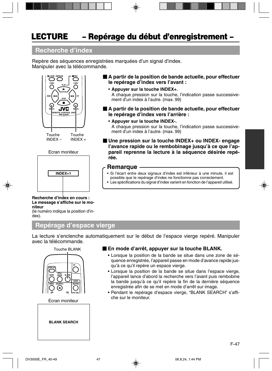 Reperage du debut d’enregistrement, Lecture – repérage du début d’enregistrement, Recherche d’index | Repérage d’espace vierge, Remarque, En mode d’arrêt, appuyer sur la touche blank | JVC BR-DV600AE User Manual | Page 189 / 356