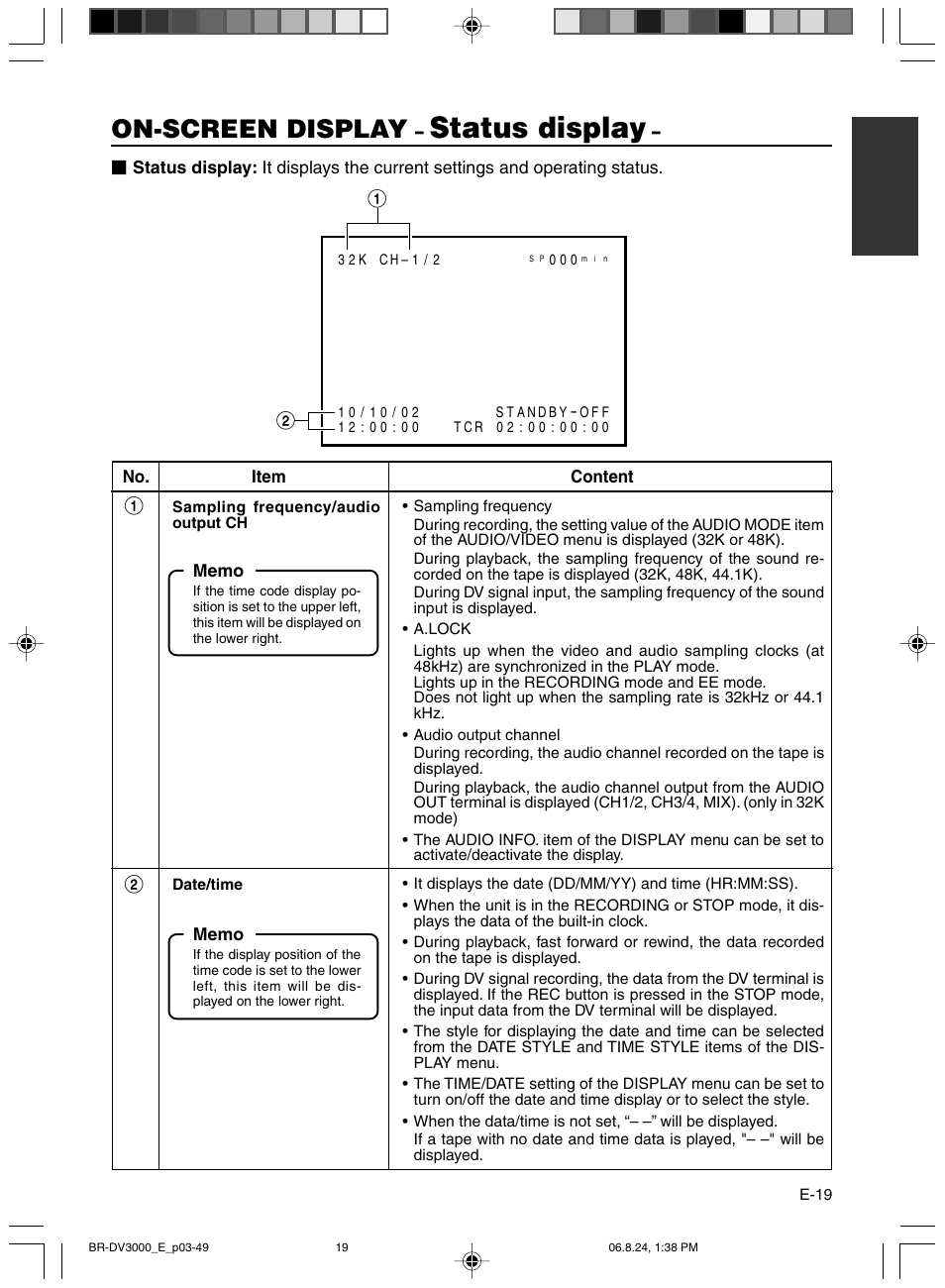 Status display, On-screen display | JVC BR-DV600AE User Manual | Page 19 / 356