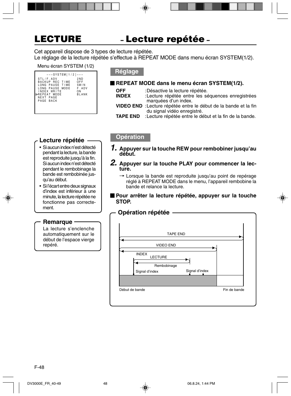 Lecture repetee, Lecture, Lecture repétée | Réglage, Opération, Opération répétée lecture répétée, Remarque | JVC BR-DV600AE User Manual | Page 190 / 356