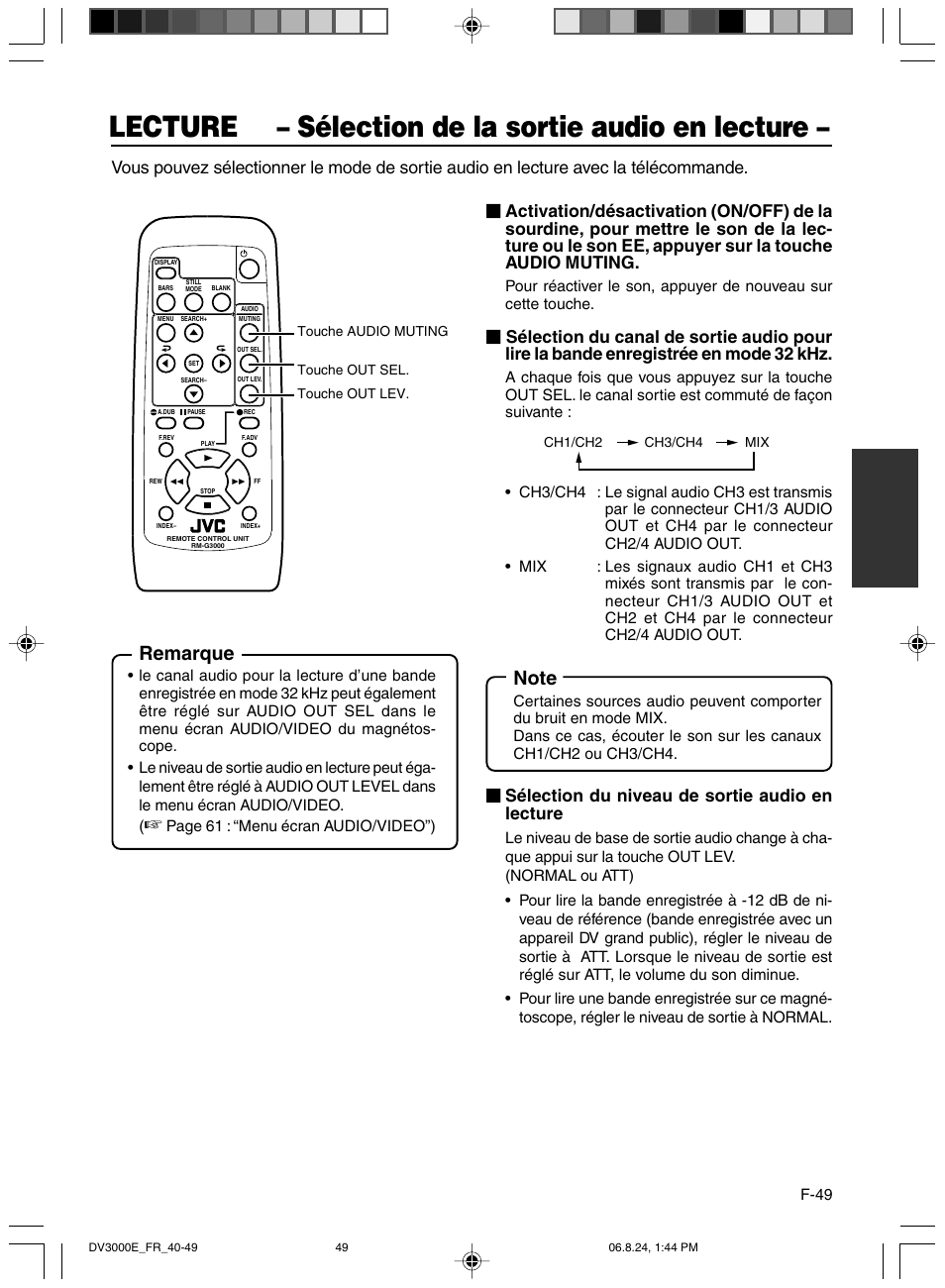 Selection de la sortie audio en lecture, Lecture – sélection de la sortie audio en lecture, Remarque | Sélection du niveau de sortie audio en lecture | JVC BR-DV600AE User Manual | Page 191 / 356