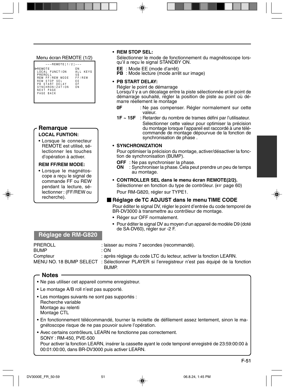 Remarque, Réglage de rm-g820, Réglage de tc adjust dans le menu time code | JVC BR-DV600AE User Manual | Page 193 / 356