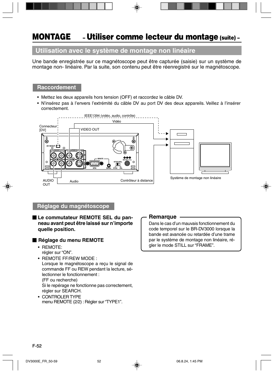 Montage, Utiliser comme lecteur du montage, Suite) – raccordement | Réglage du magnétoscope, Remarque | JVC BR-DV600AE User Manual | Page 194 / 356
