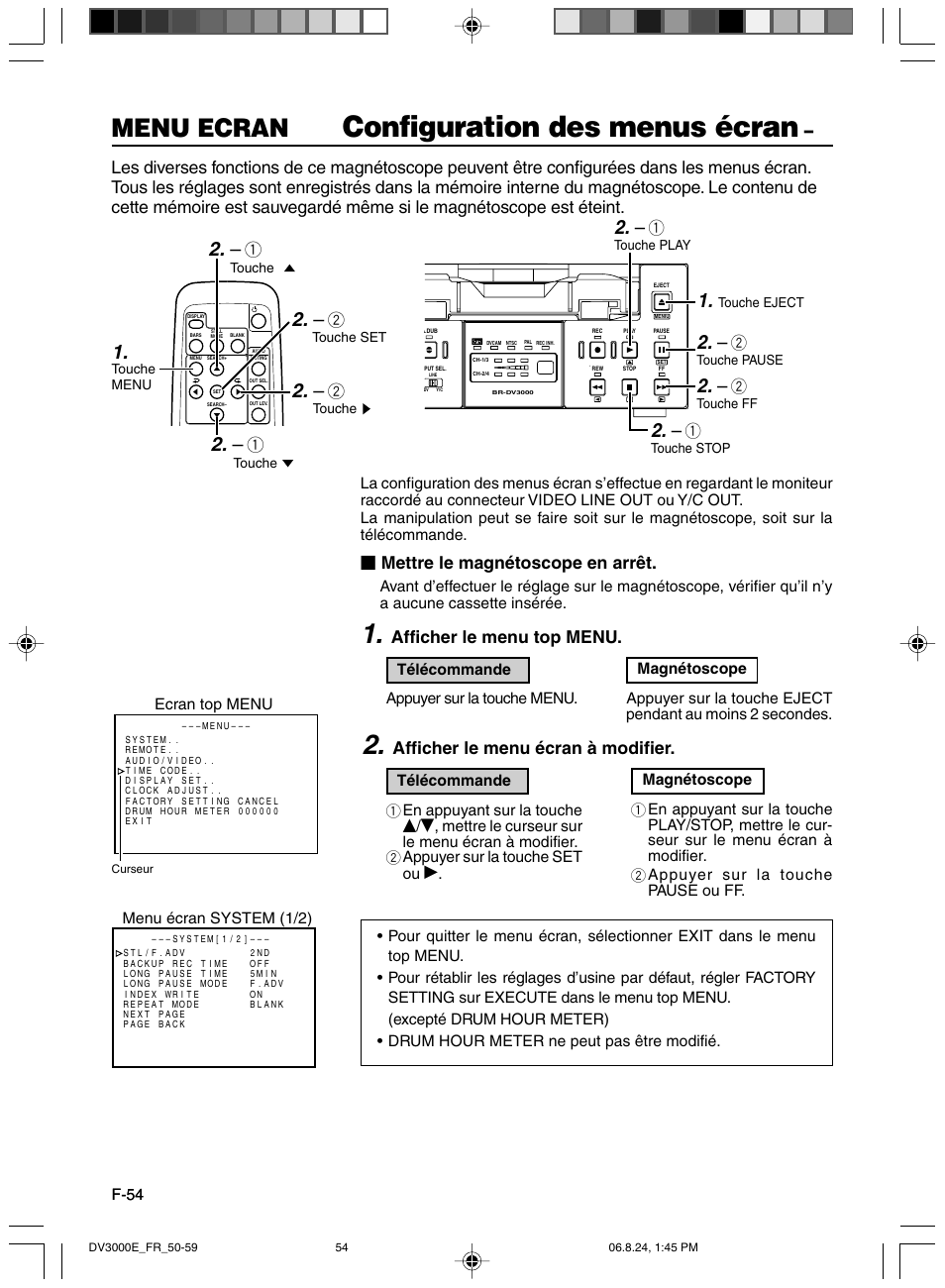 Configuration des menus ecran, Configuration des menus écran, Menu ecran | Mettre le magnétoscope en arrêt, Afficher le menu top menu, Afficher le menu écran à modifier | JVC BR-DV600AE User Manual | Page 196 / 356