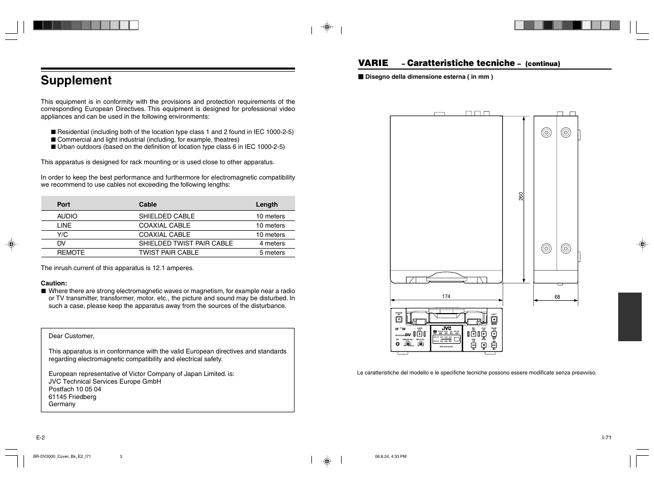 Supplement, Varie, Caratteristiche tecniche | Continua), Disegno della dimensione esterna ( in mm ) | JVC BR-DV600AE User Manual | Page 2 / 356